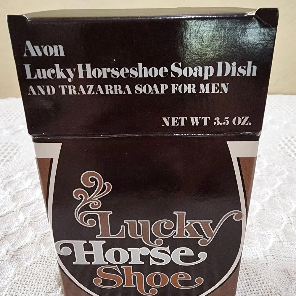 MCM Avon Lucky Horseshoe Glass Soap Dish Ashtray + Scented Trazarra Horse Soap